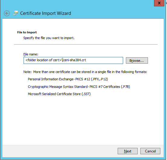 Browse for the certificate file